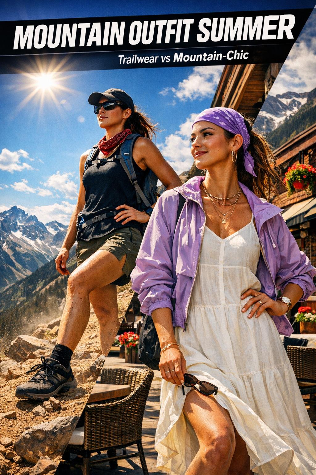 Mountain outfit summer: lightweight hiking clothes with shorts and breathable top on a sunny alpine trail