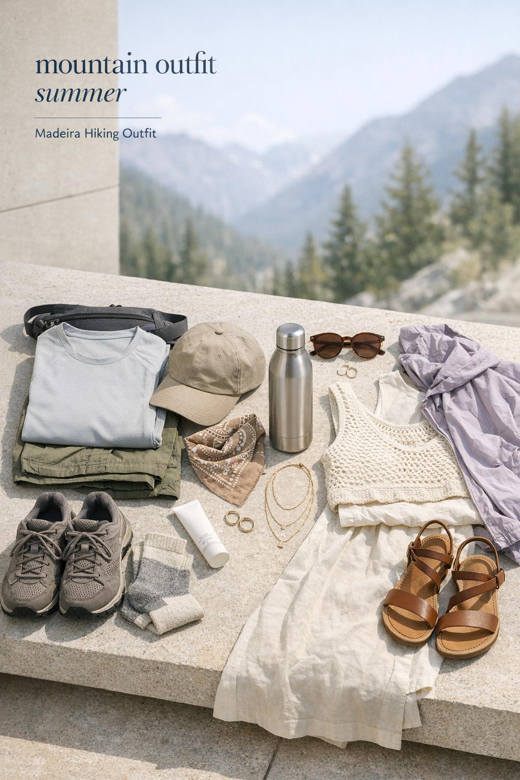 Mountain outfit summer flat lay with trailwear and resort-chic pieces on a minimalist alpine patio in bright daylight