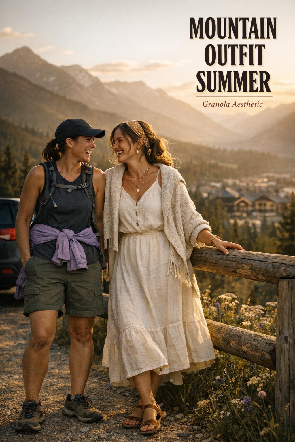 Two friends in mountain outfit summer looks at a trailhead overlook, golden hour light, wooden railing and alpine peaks behind.