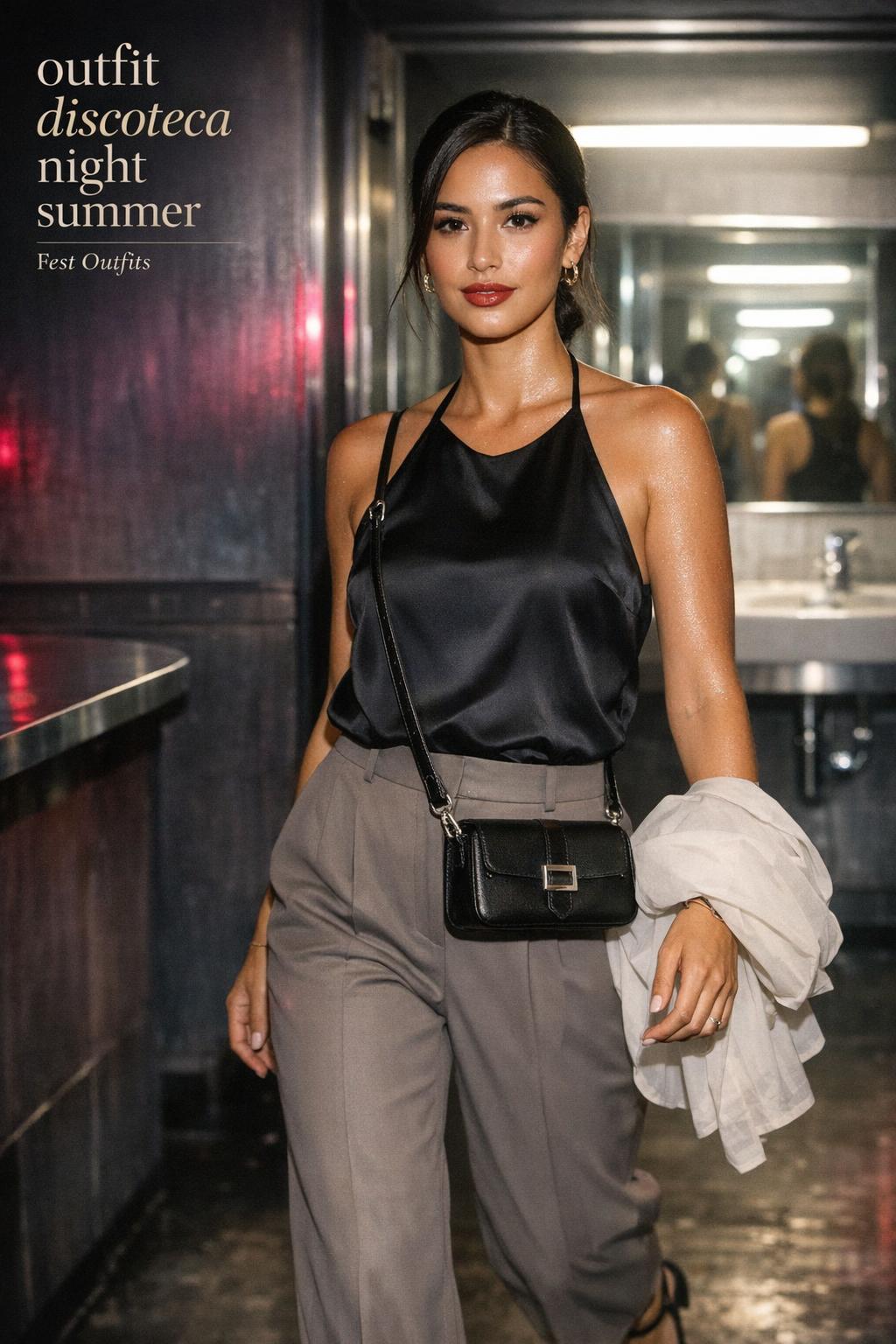 outfit discoteca night summer look on confident woman in neon-lit club corridor with satin top and taupe trousers