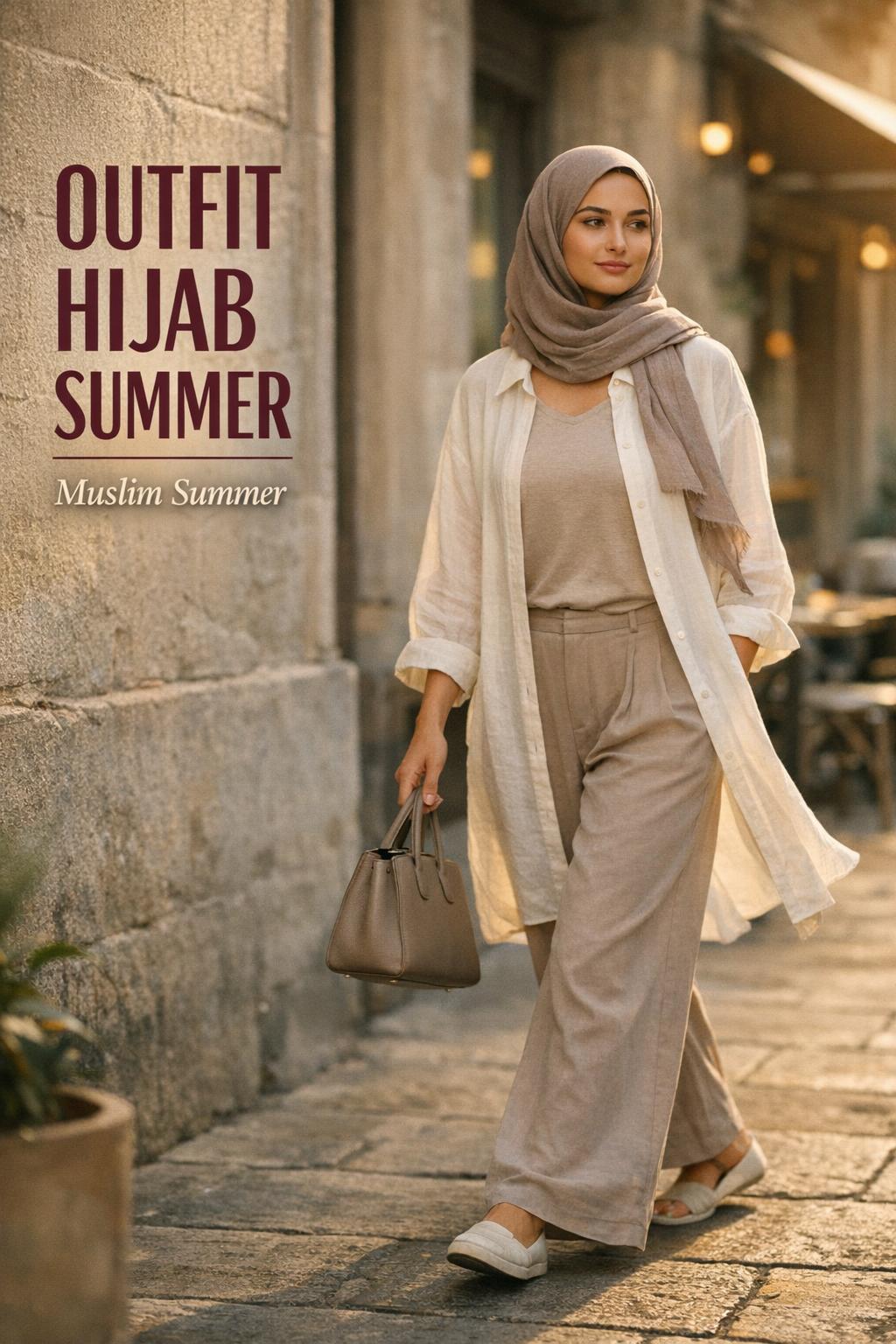 Stylish Muslim woman in an outfit hijab summer look walking a European city street at golden hour