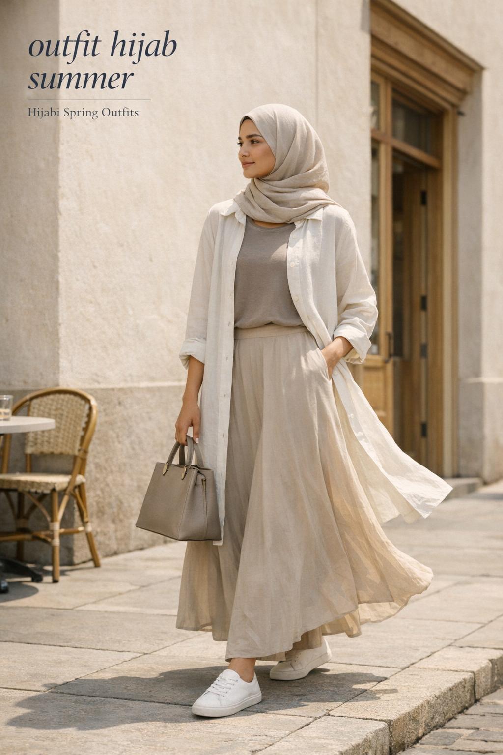 Outfit hijab summer editorial look with neutral modest layers on a sunlit city sidewalk