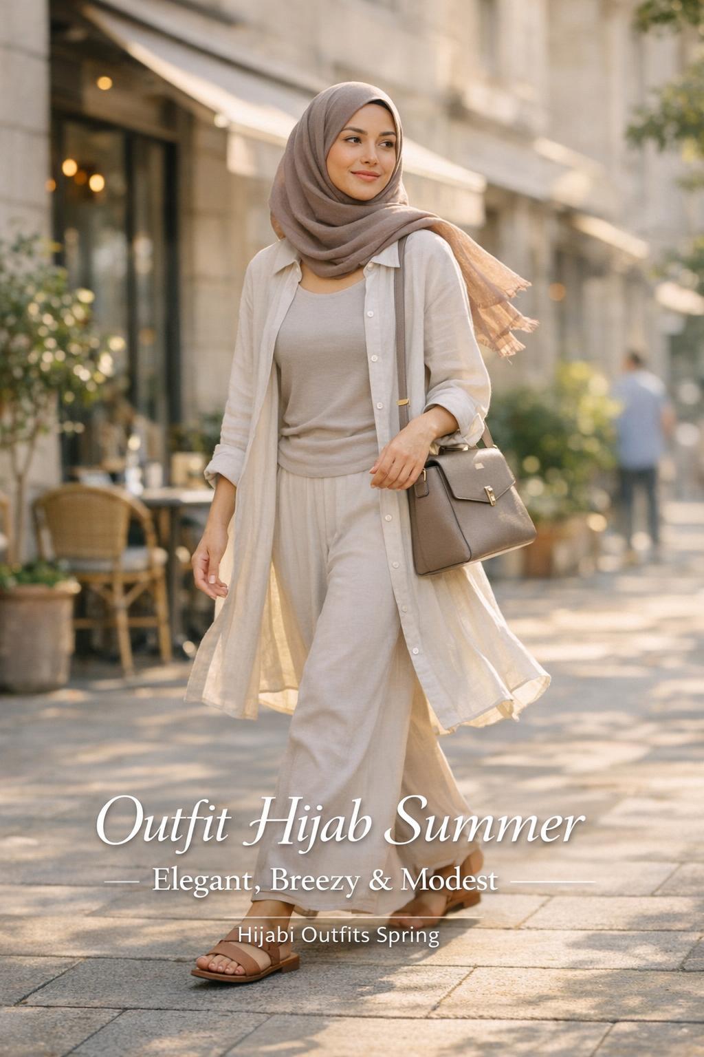 Outfit hijab summer look with a modest woman walking on a sunlit city street in airy neutral layers