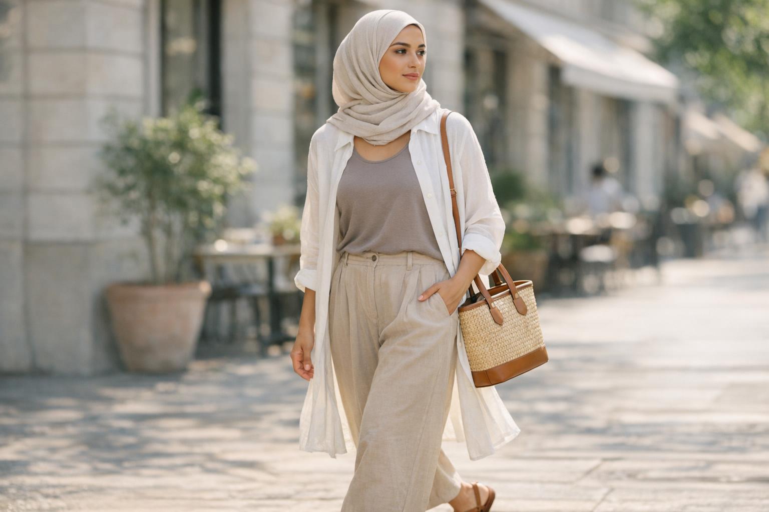 outfit hijab summer with a light neutral maxi dress and airy scarf for a polished warm-weather city look