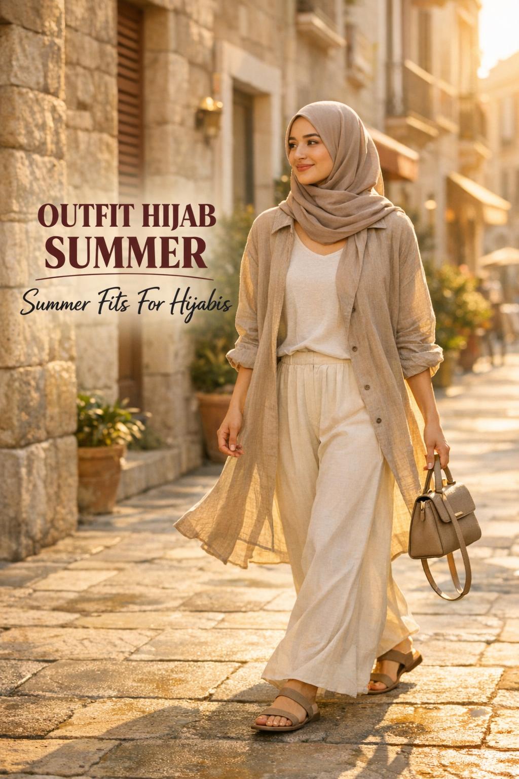 Outfit hijab summer look with a modest hijabi woman walking a sunlit city street at golden hour
