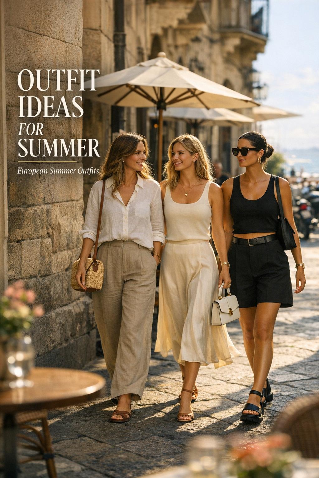 Outfit ideas for summer on a European café street with elegant travel, Italian, and urban fashion looks