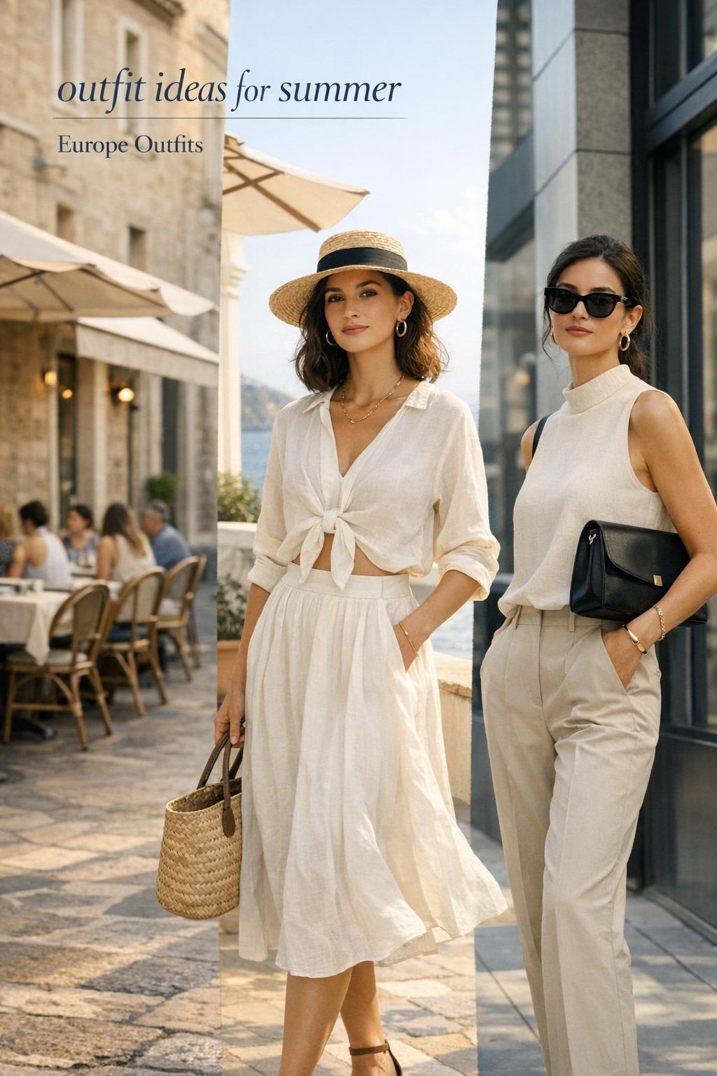 Outfit ideas for summer on a stylish woman in a European street and coastal city editorial scene