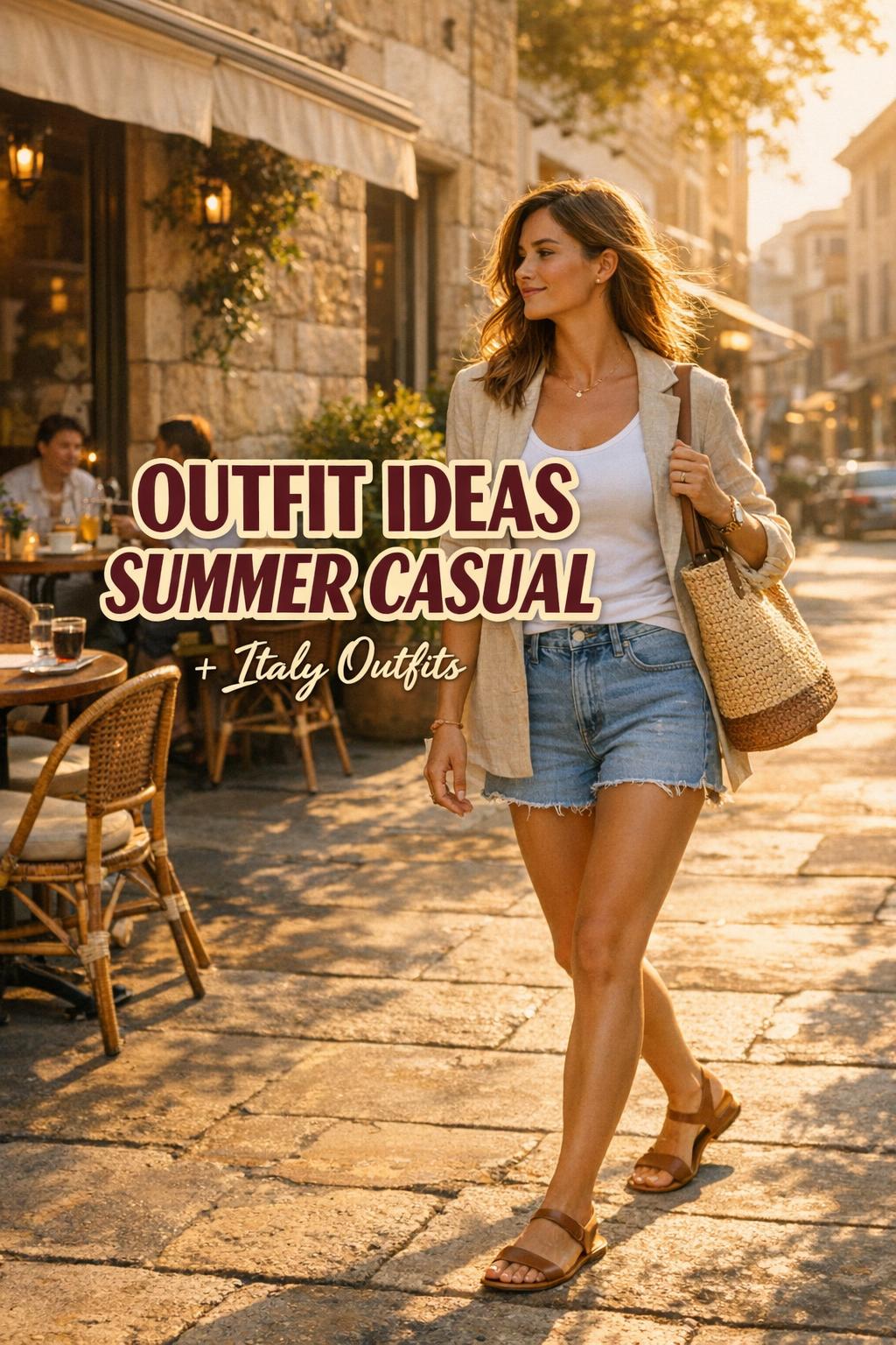 Outfit ideas summer casual on a stylish woman walking by a sunny cafe in a chic city street