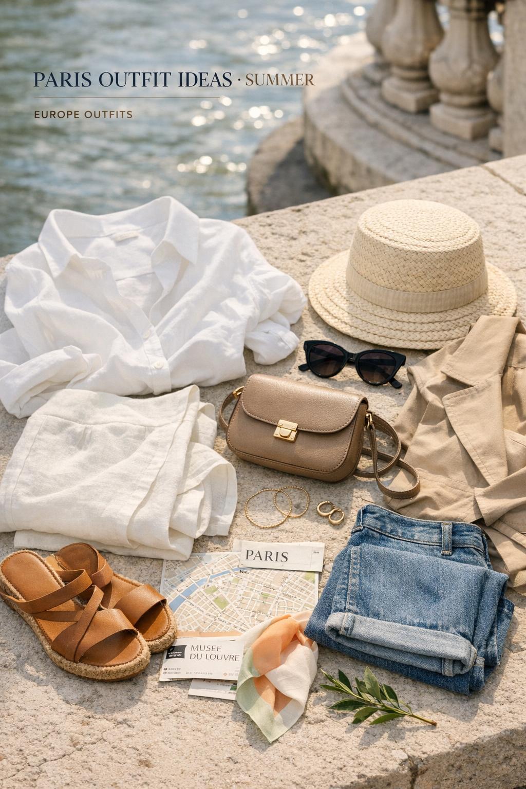 Paris outfit ideas summer flat lay by the Seine with linen, blazer, denim, sandals, sunglasses, and crossbody bag