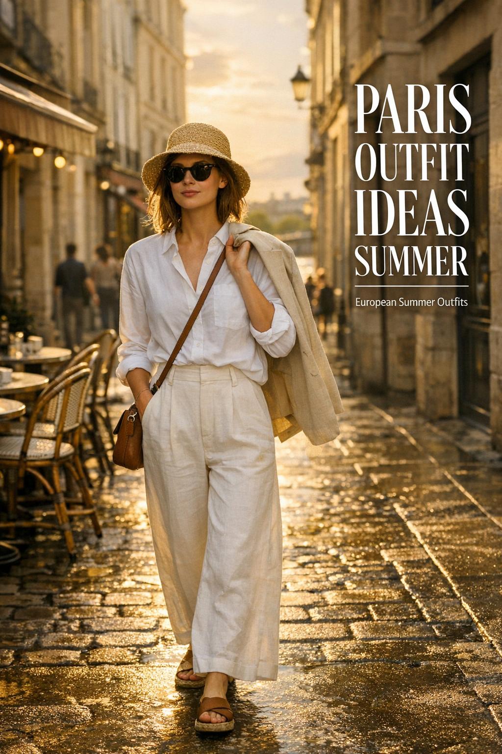 Paris outfit ideas summer on a sunlit Marais street, stylish woman in white linen trousers by cafe cobblestones