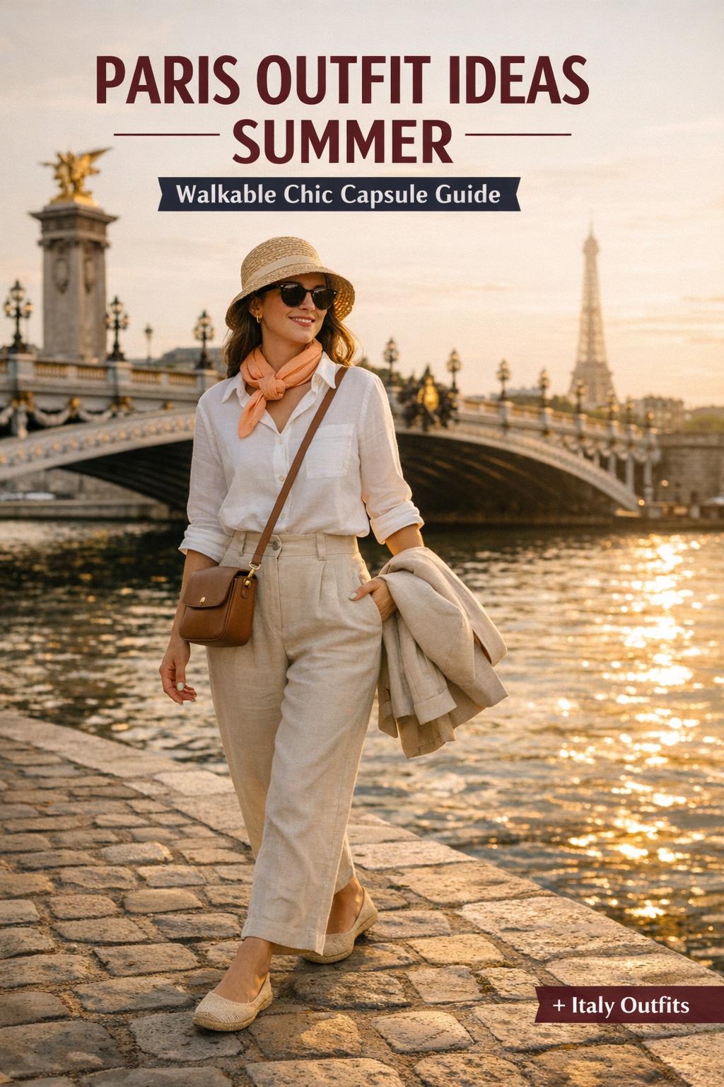 Paris outfit ideas summer photo of a stylish woman walking by the Seine near Pont Alexandre III at golden hour