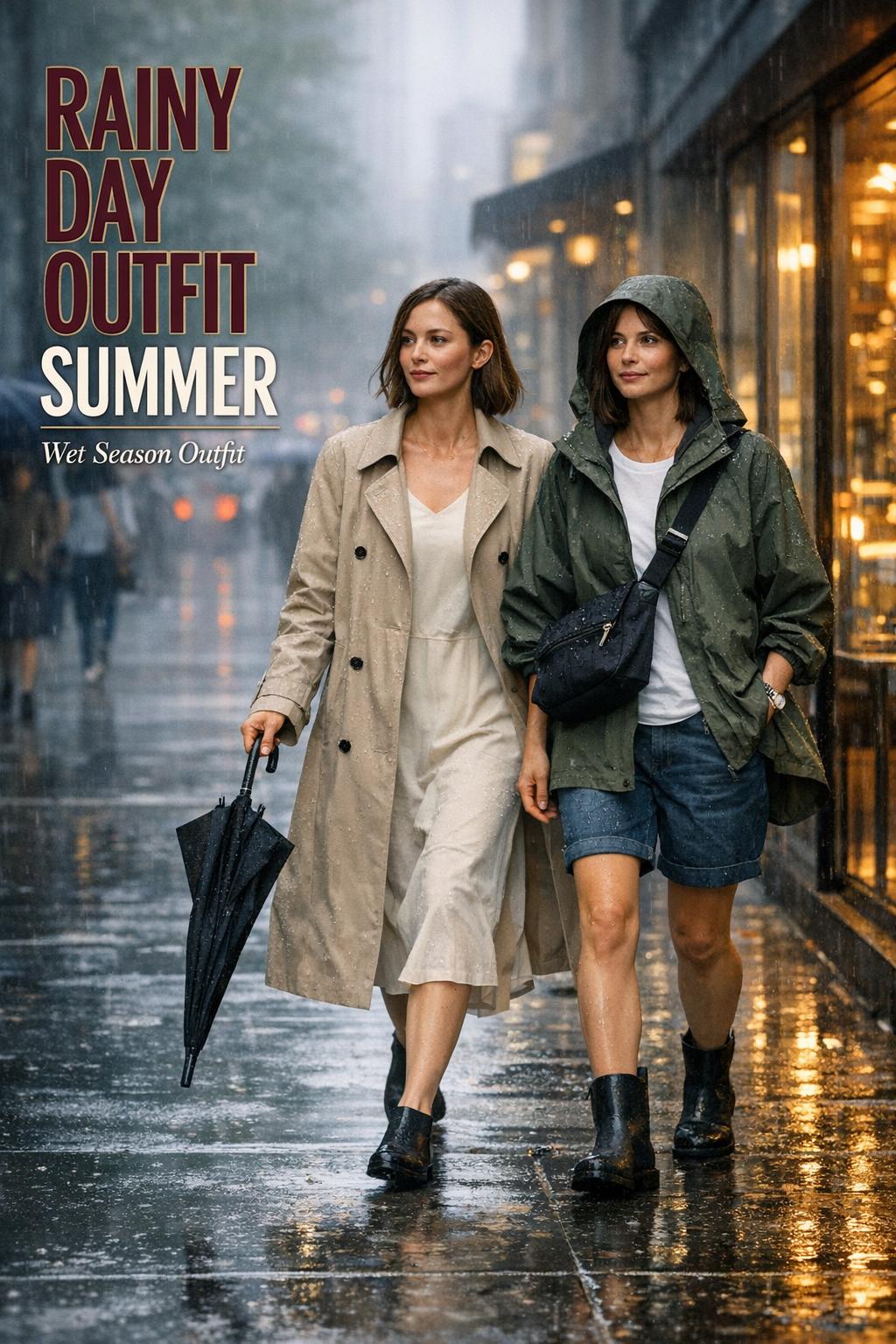 Rainy day outfit summer street style with two people walking under umbrellas on a wet downtown sidewalk in light rain
