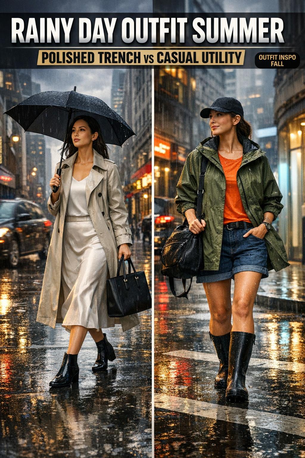 Rainy day outfit summer with light trench coat, umbrella, and sandals on a city street