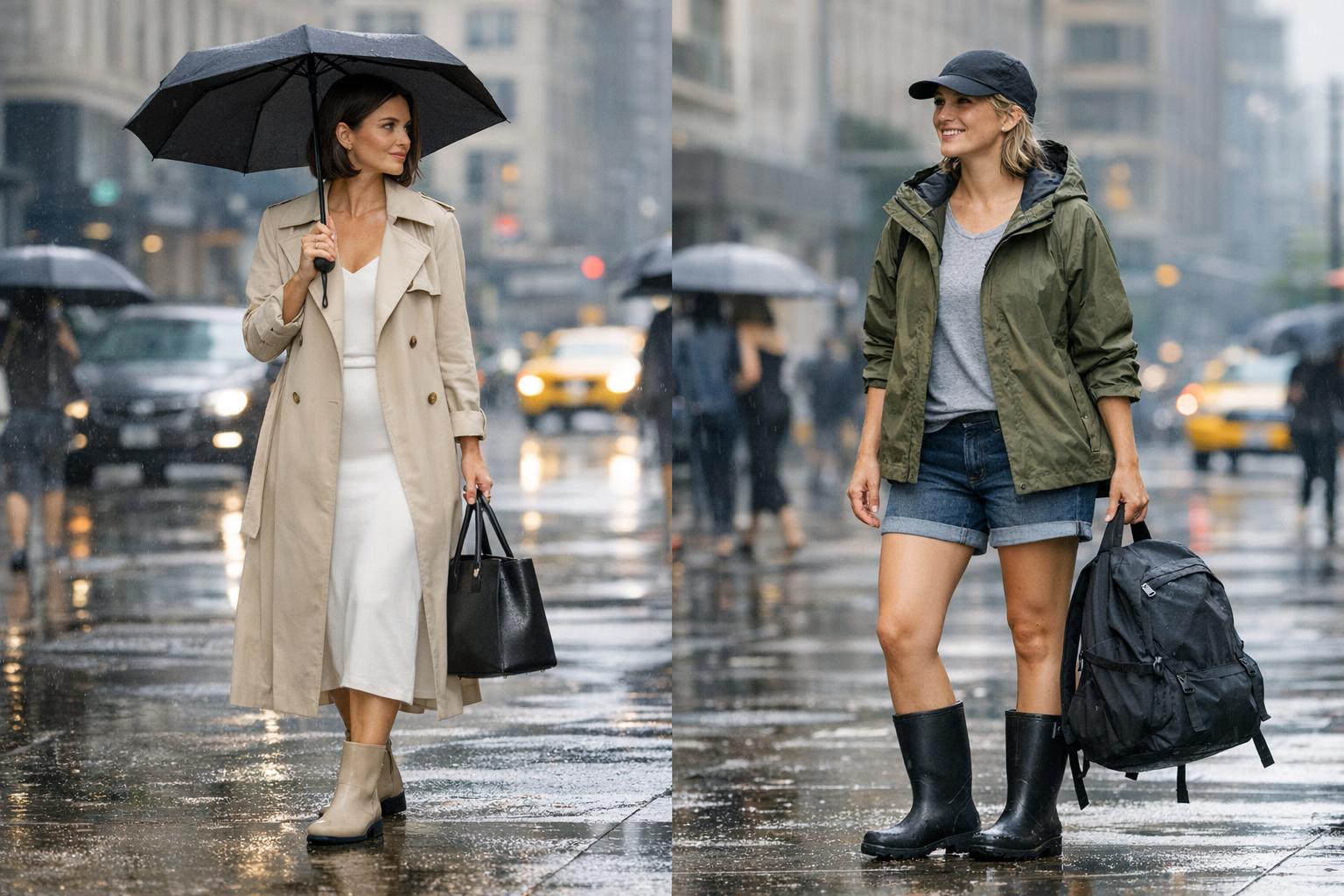 Rainy day outfit summer comparison: polished trench coat vs casual utility raincoat with boots on a wet city street