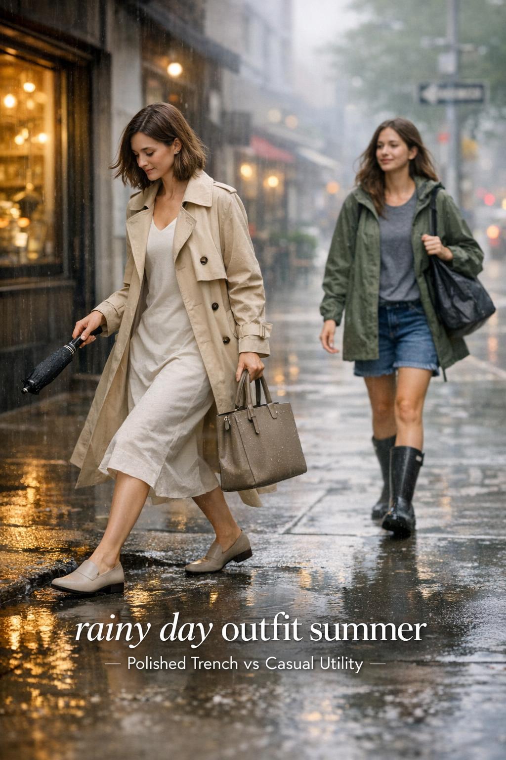 Rainy day outfit summer street style with polished trench and casual utility looks on a wet city sidewalk by a cafe