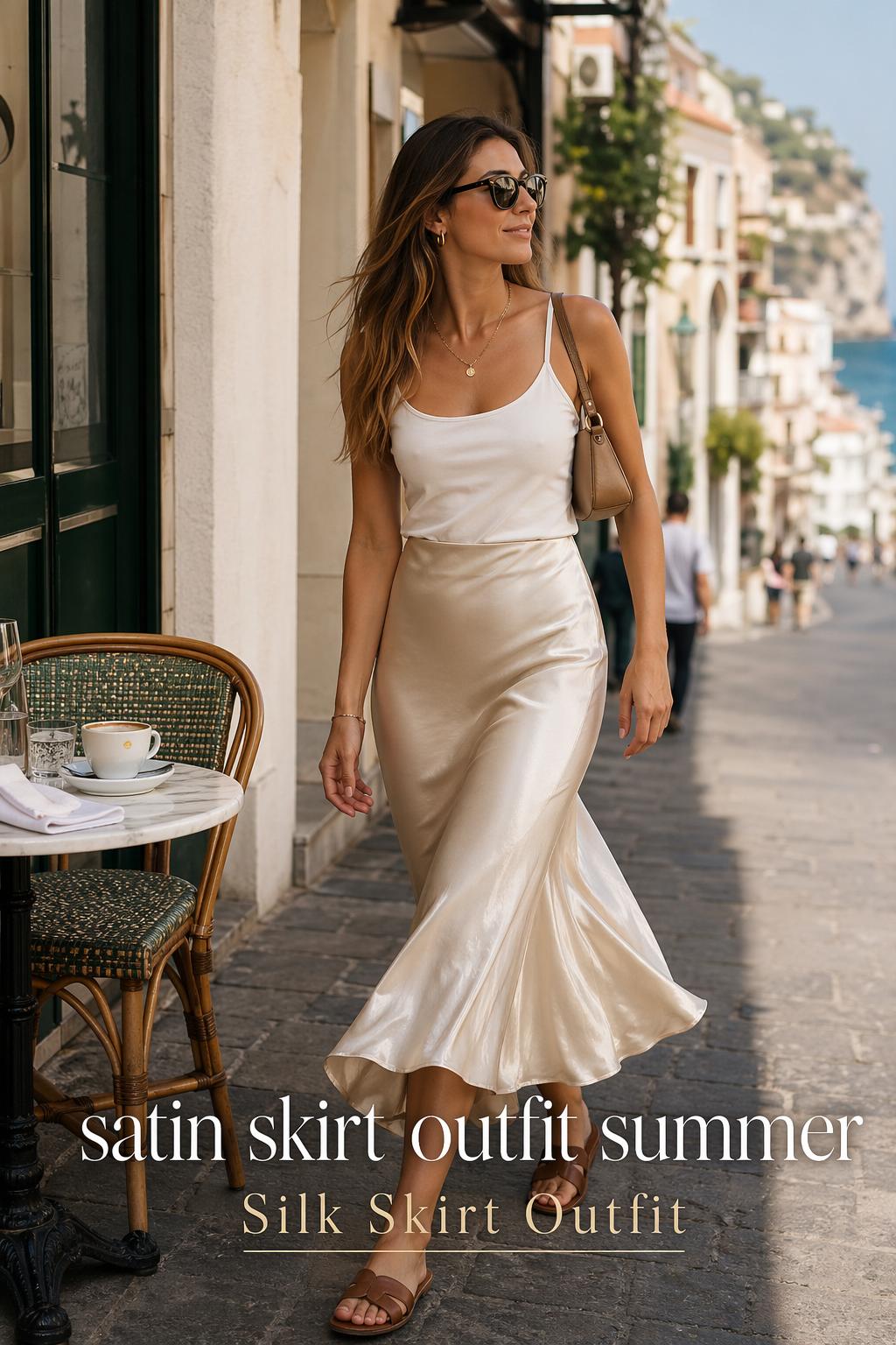 Woman in a satin skirt outfit summer look walking by a chic café in soft golden hour light