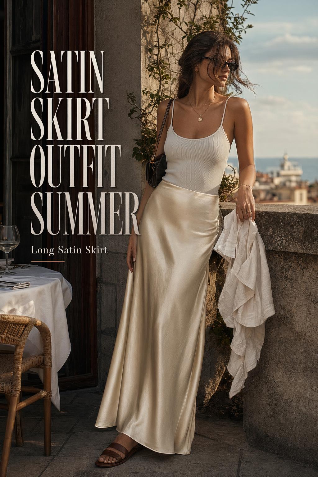 Woman in a satin skirt outfit summer look on a chic rooftop terrace at golden hour