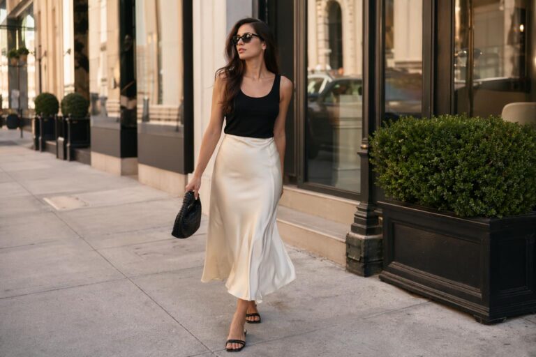Satin skirt outfit summer look with a neutral midi skirt, tank top, and sandals for effortless day-to-night style