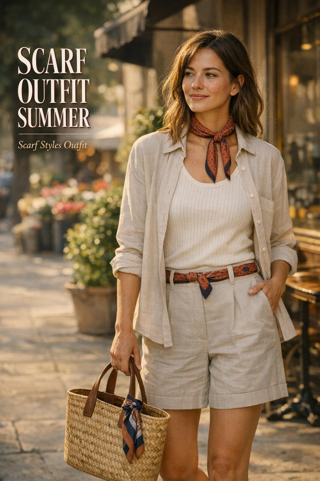 Scarf outfit summer look with stylish woman in linen layers wearing a printed neck scarf on a sunny city sidewalk