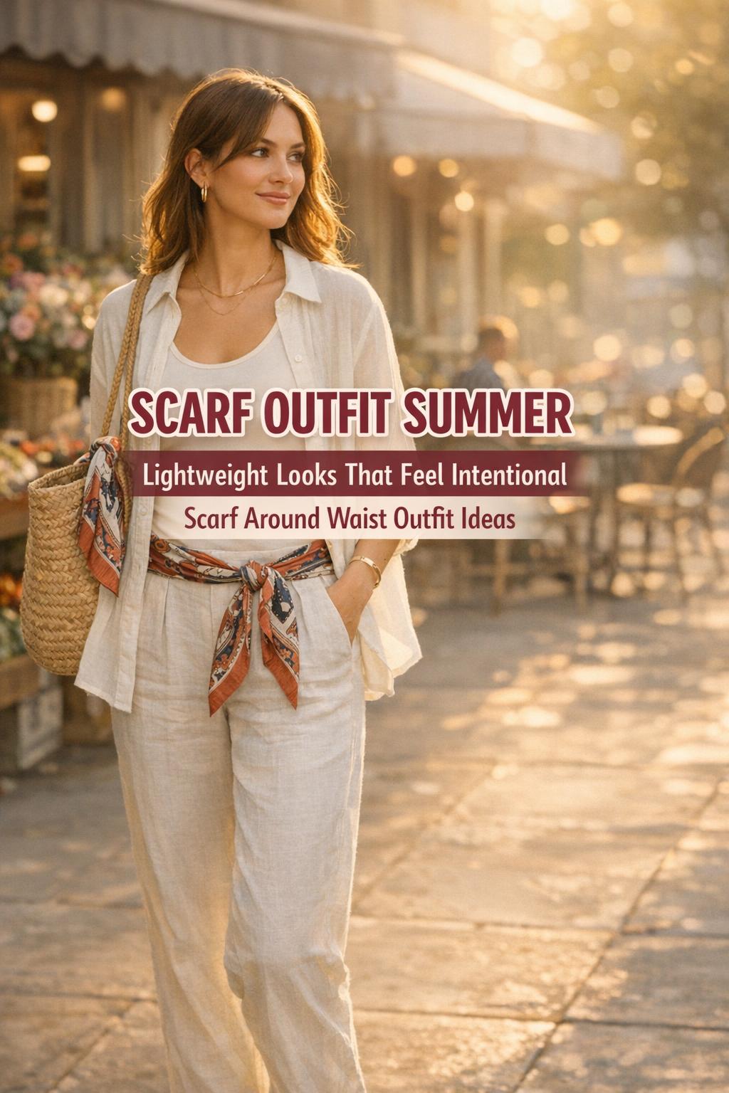 Scarf outfit summer street style with scarf tied at waist, neutral linen shorts, and woven tote at golden hour.