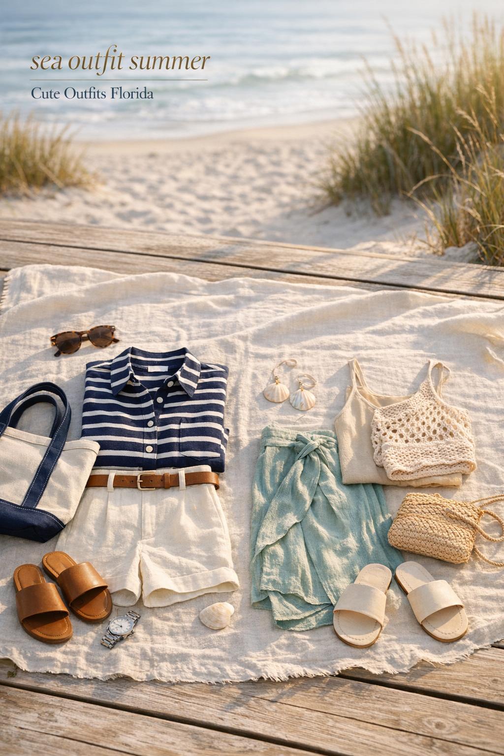 Sea outfit summer flat lay on coastal boardwalk with navy stripes, seafoam wrap, sandals, tote, and shell at golden hour