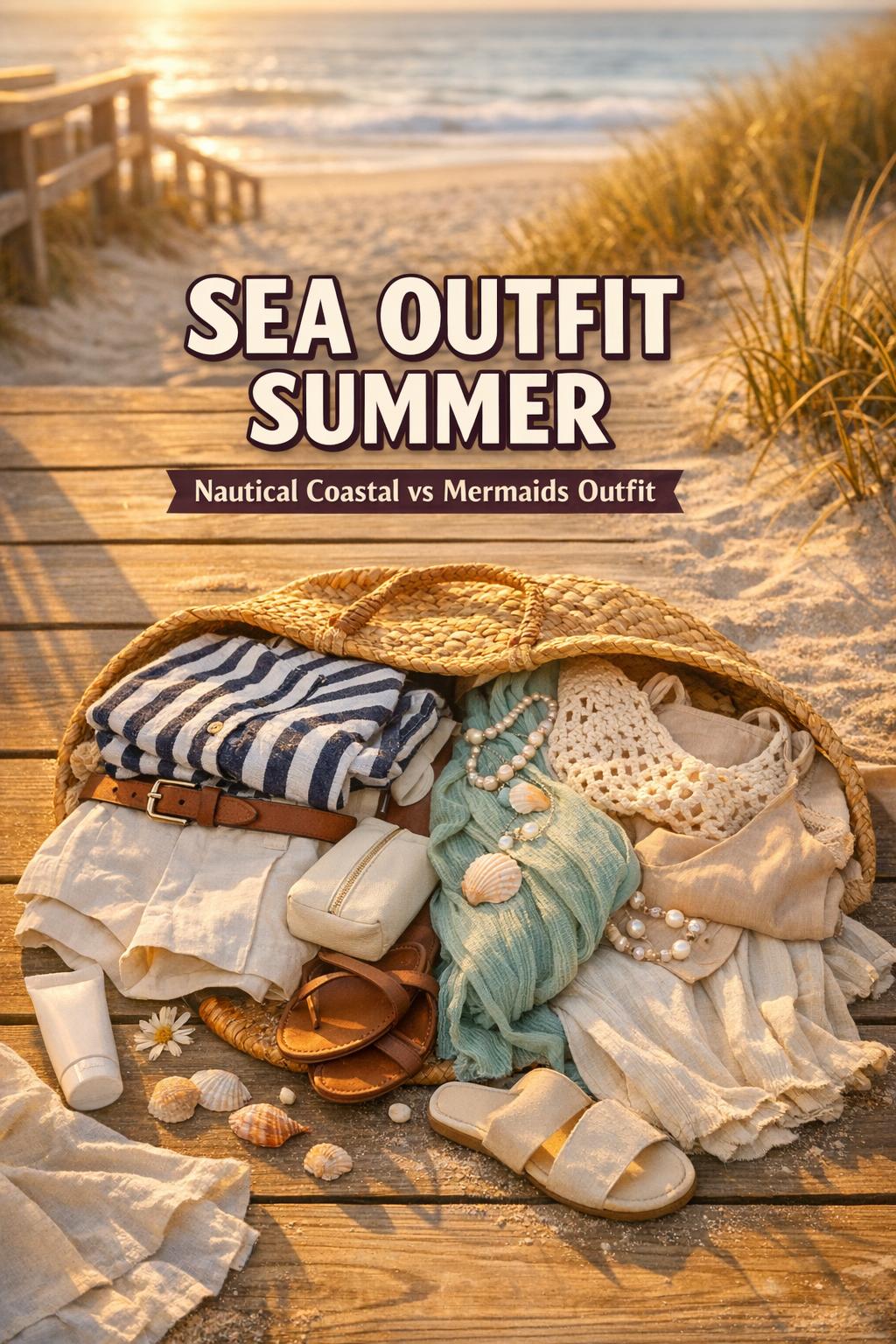 Sea outfit summer flat lay on coastal boardwalk with woven tote, nautical stripes, gauze wrap, shells and sunset ocean view