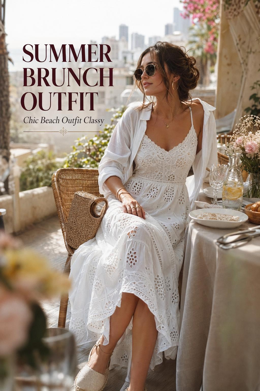Summer brunch outfit in a chic beachside cafe terrace with elegant dress, straw bag, and airy editorial styling