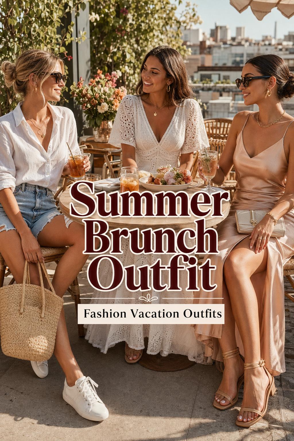 Summer brunch outfit inspiration with three stylish women at a golden-hour café brunch in elegant summer looks