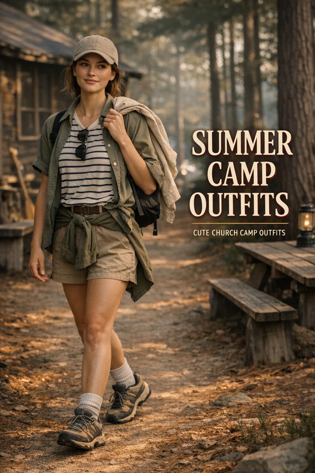 Young woman walking past rustic cabins wearing summer camp outfits on a pine-needle trail at golden hour