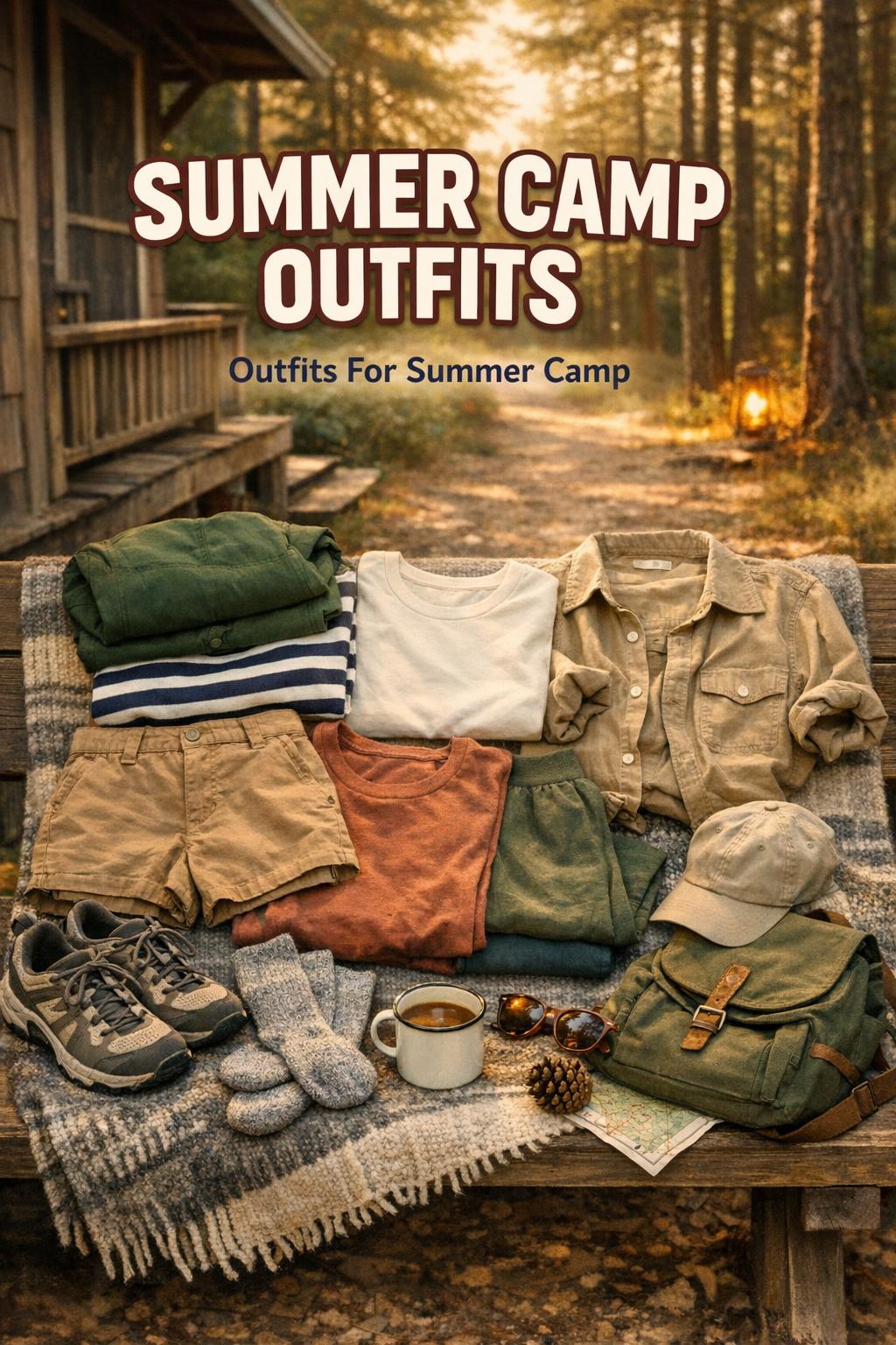 Summer camp outfits flat lay on a cabin bench at golden hour with tees, shorts, jacket, sneakers and camp accessories