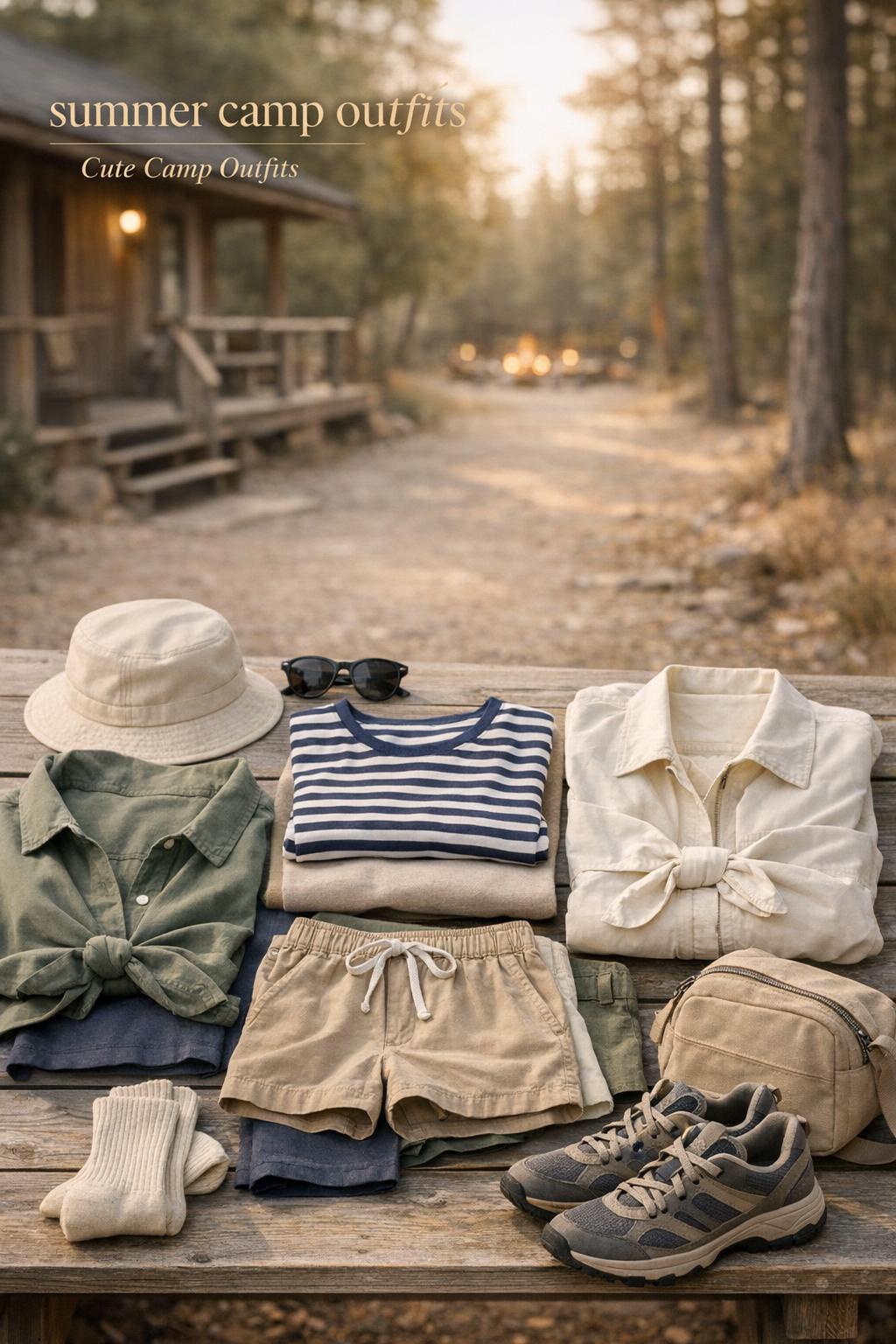 Summer camp outfits flat lay on a wooden bench at golden hour with neutral camp basics and trail sneakers
