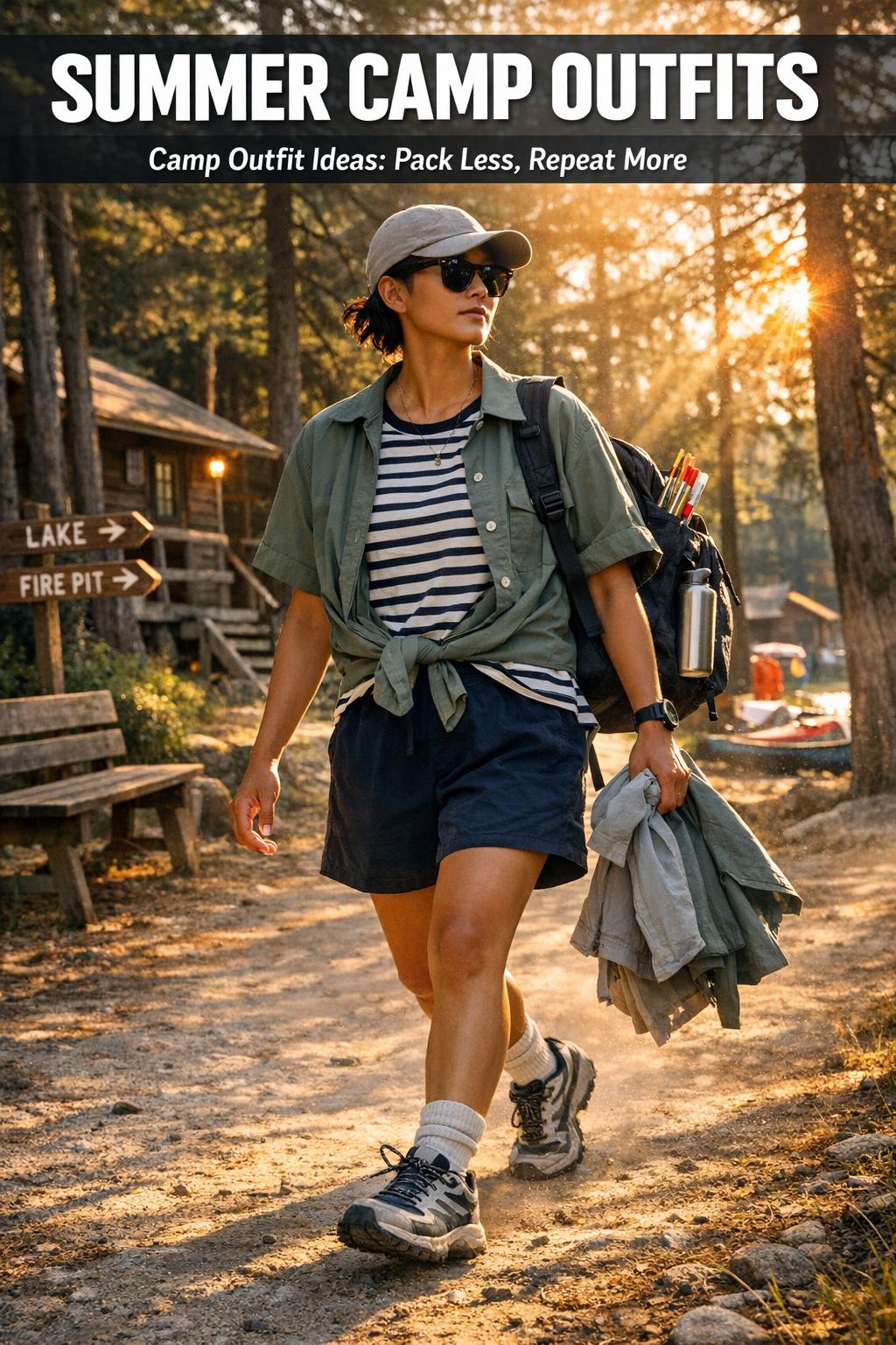 Summer camp outfits laid out on a picnic table, including shorts, T-shirts, sneakers, and a backpack in sunlight