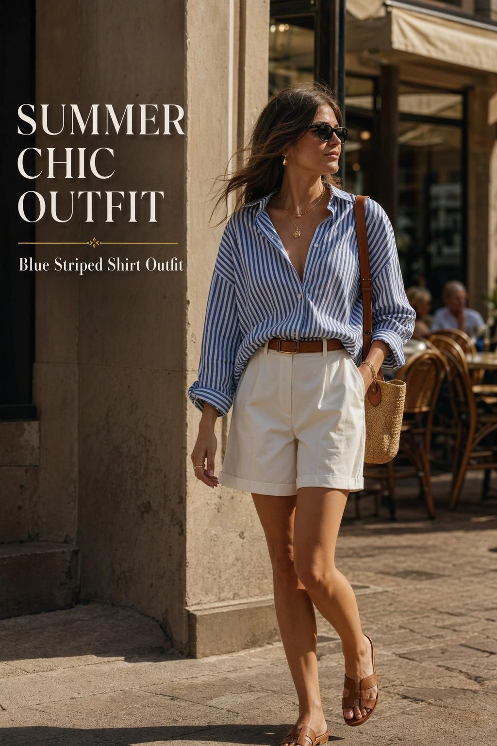 Summer chic outfit with blue striped shirt and cream shorts on a sunlit European city street