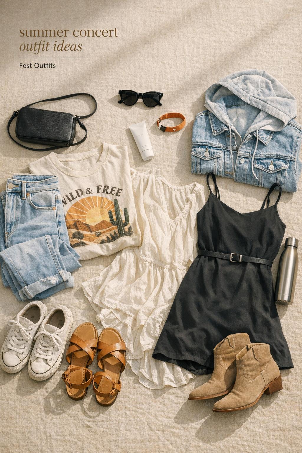 Summer concert outfit ideas flat lay with jeans, dresses, denim jacket, sneakers, boots, sunglasses, SPF, and crossbody bag.