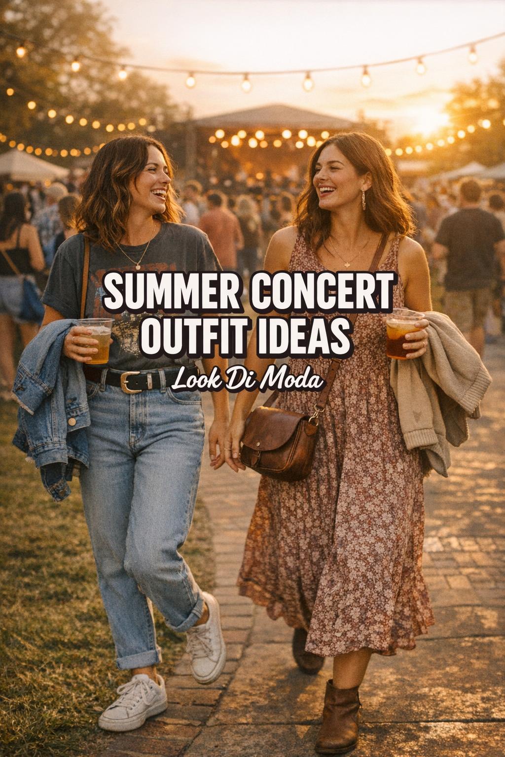 Summer concert outfit ideas with two friends walking at golden hour festival under string lights, casual jeans and boho dress