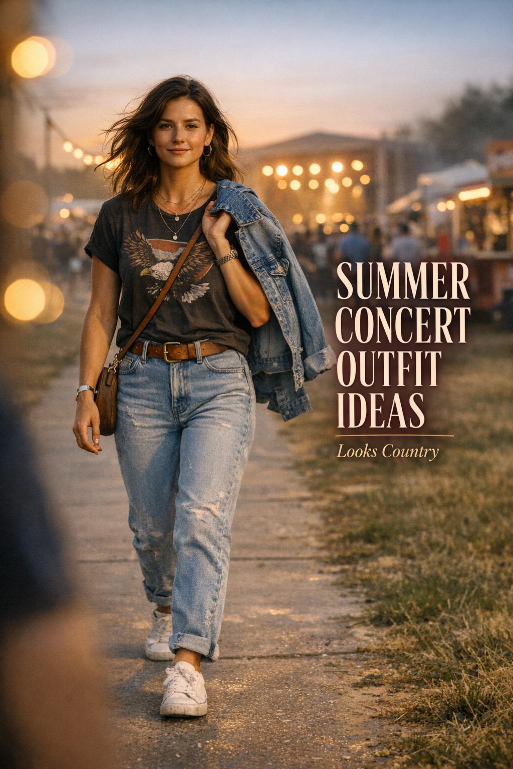 Stylish woman walking at golden hour festival with text overlay, summer concert outfit ideas