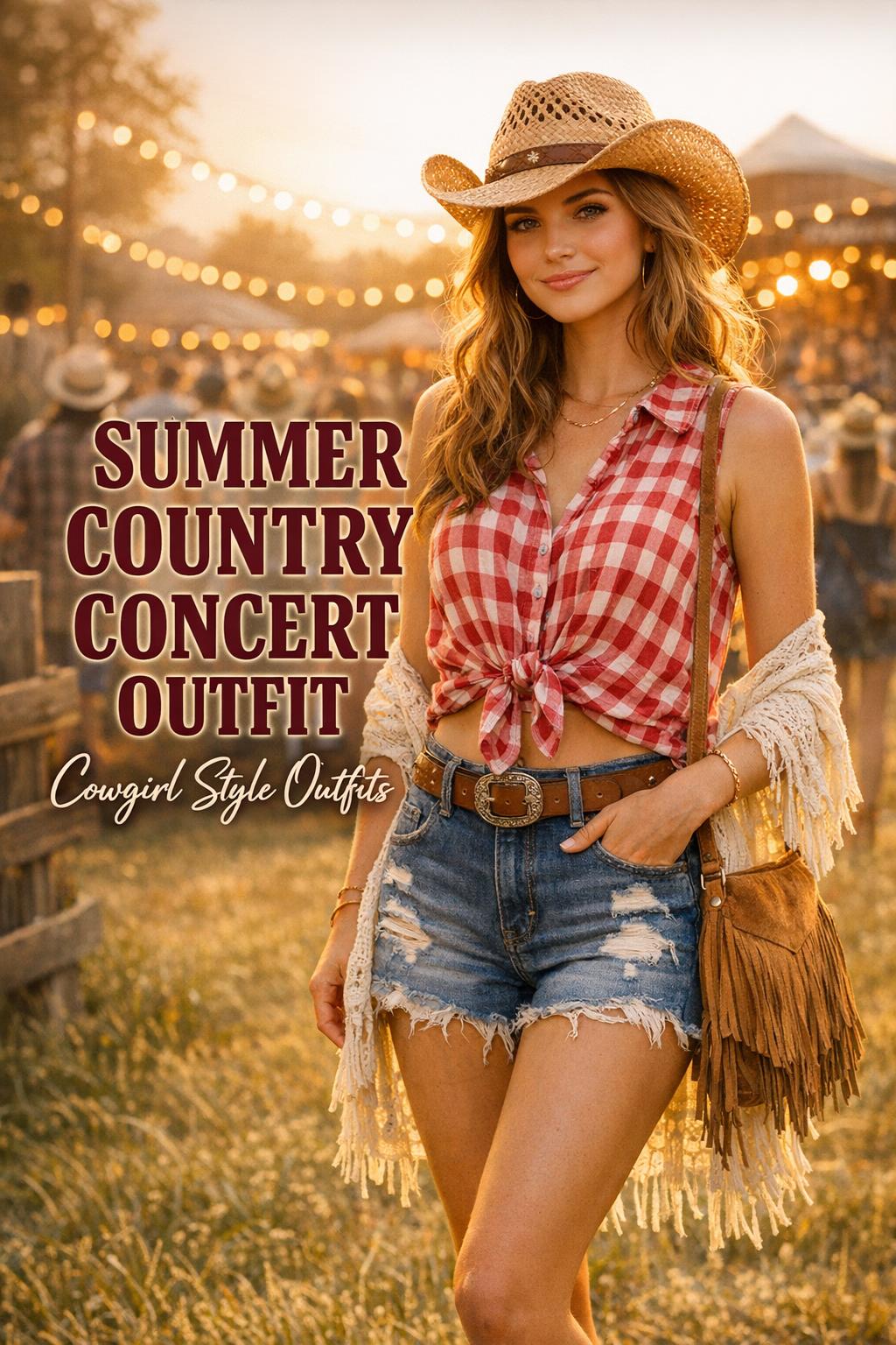 Stylish woman in a summer country concert outfit at a golden-hour outdoor Nashville concert venue