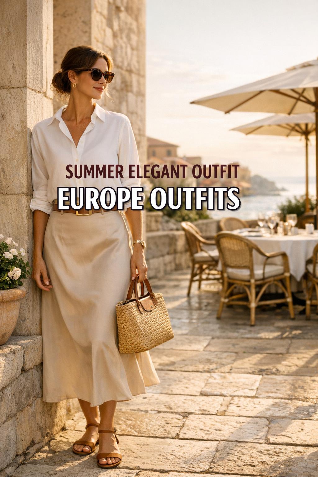 Summer elegant outfit inspiration on a chic woman in a sunlit European street at golden hour