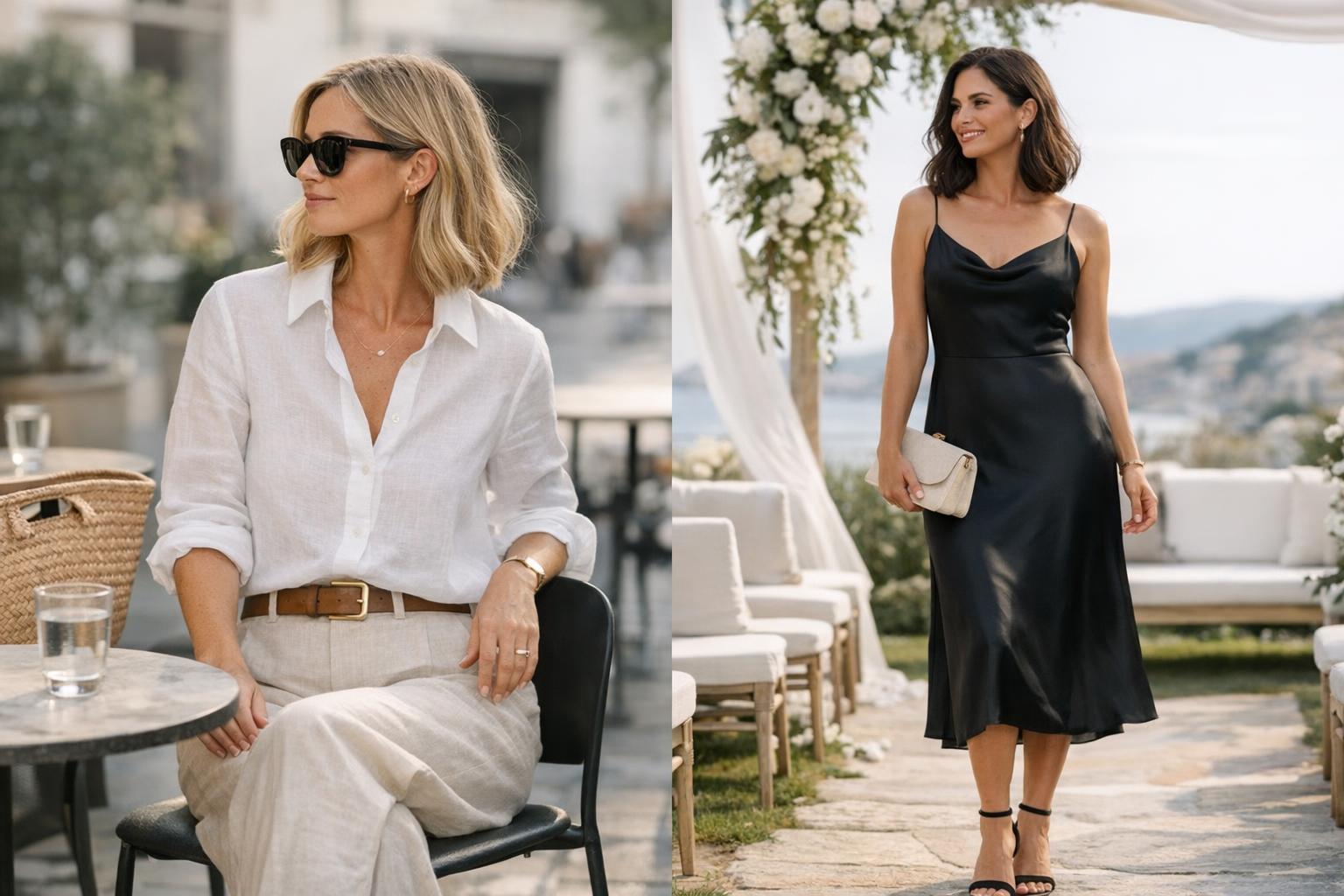 Summer elegant outfit with white linen trousers, silk blouse, and sandals for a refined wedding or brunch look