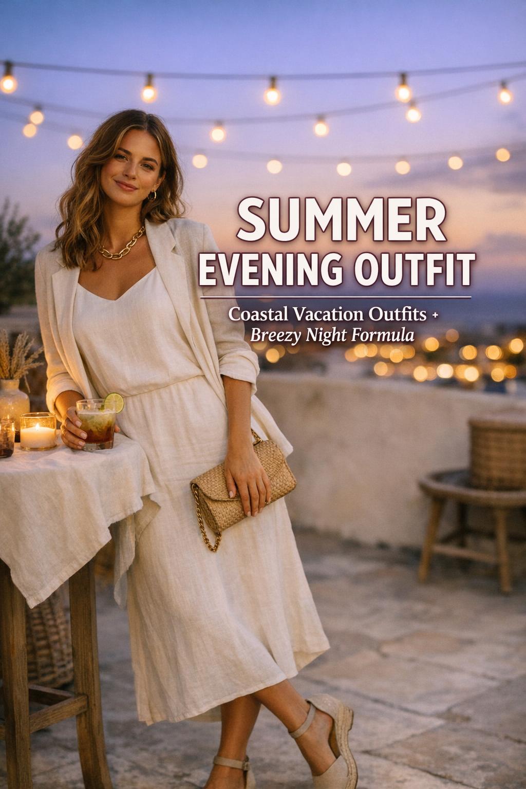 Summer evening outfit on a coastal rooftop terrace at dusk, woman in ivory linen dress with blazer and string lights