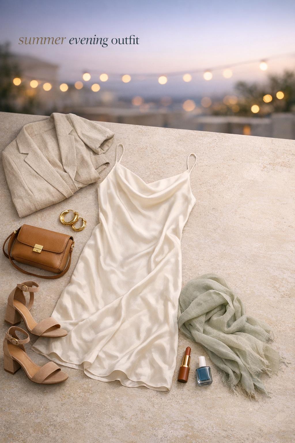 Summer evening outfit flat lay with ivory silk slip dress, sand blazer, nude sandals, tan clutch and gold jewelry at dusk
