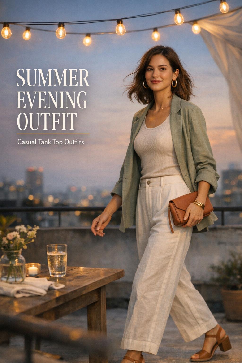 Summer evening outfit on a rooftop at dusk, woman in linen pants, tank top and sage blazer under warm string lights