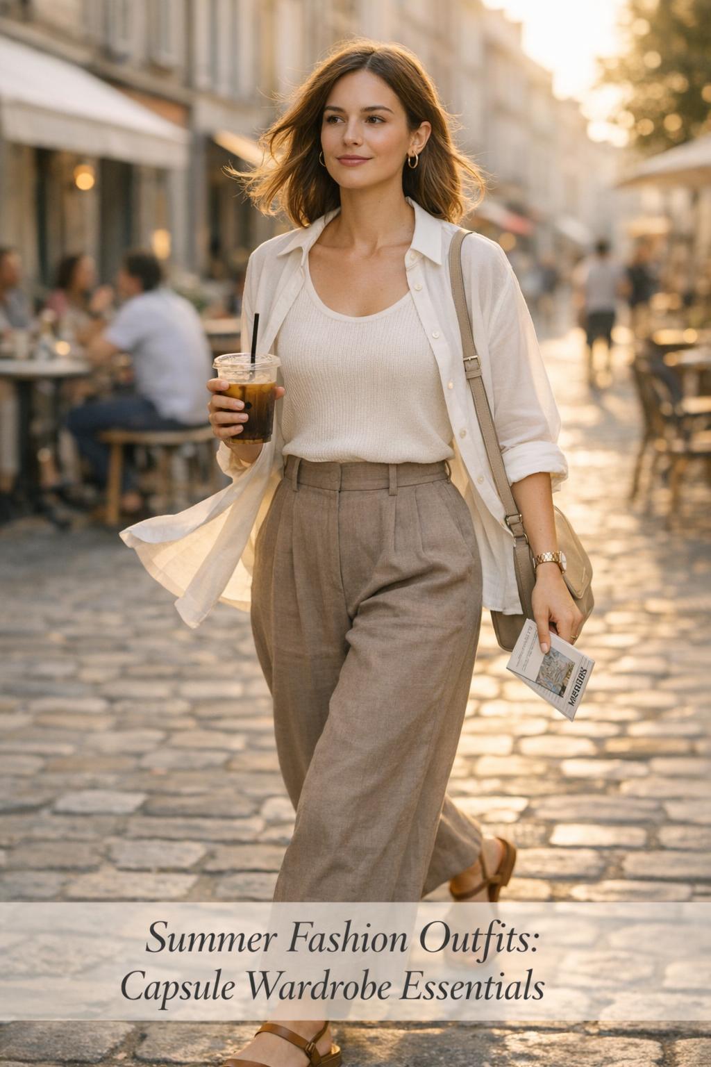 Stylish woman walking in a European café street at golden hour in summer fashion outfits capsule wardrobe essentials