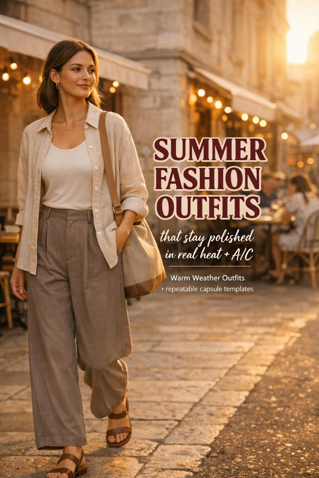 Summer fashion outfits: woman in neutral capsule look walking a European cafe street at golden hour with text overlay