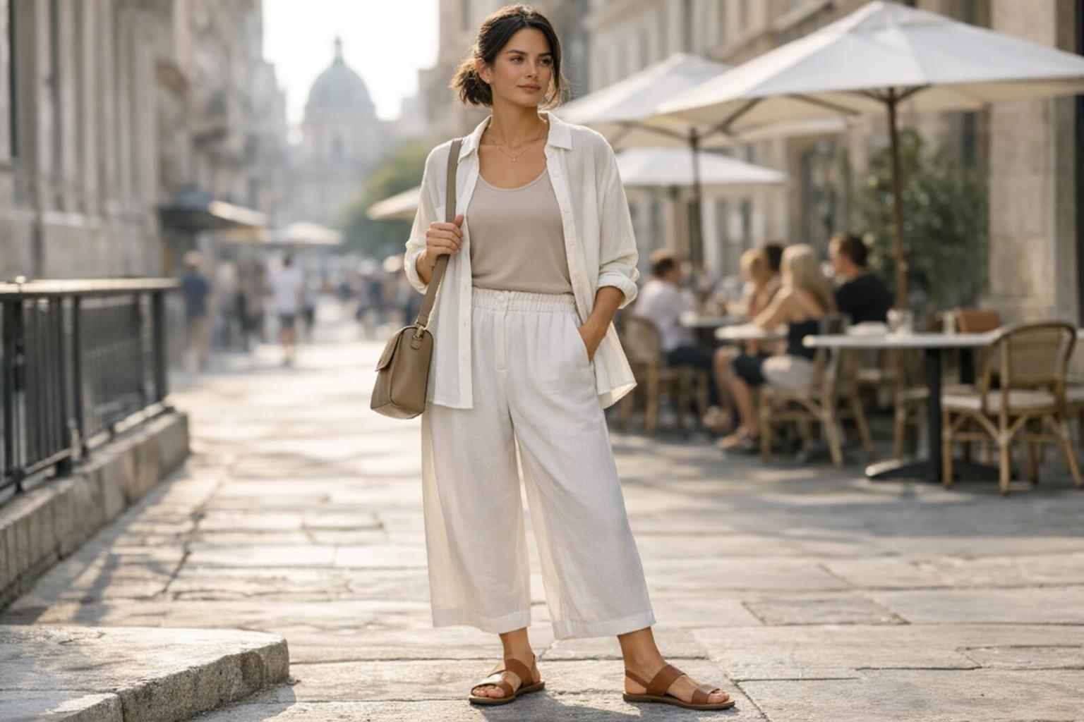 Summer fashion outfits: woman in neutral tank, open linen shirt, and wide-leg pants for heat and air-conditioning