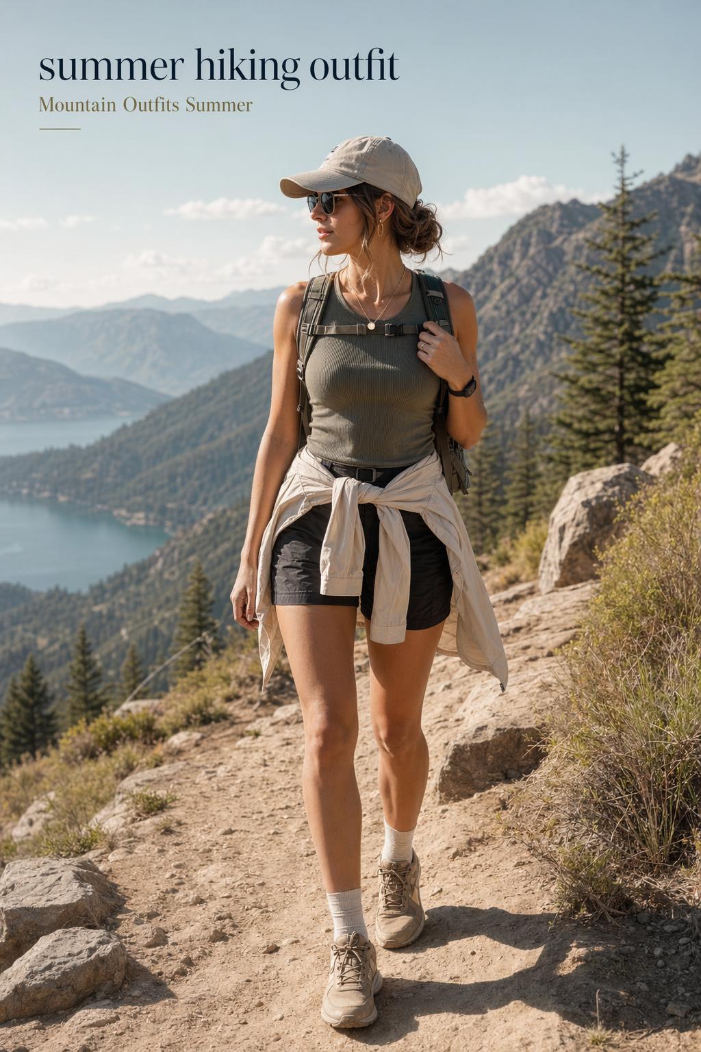 Summer hiking outfit on a woman walking a sunlit mountain trail in earth-tone layers and trail runners