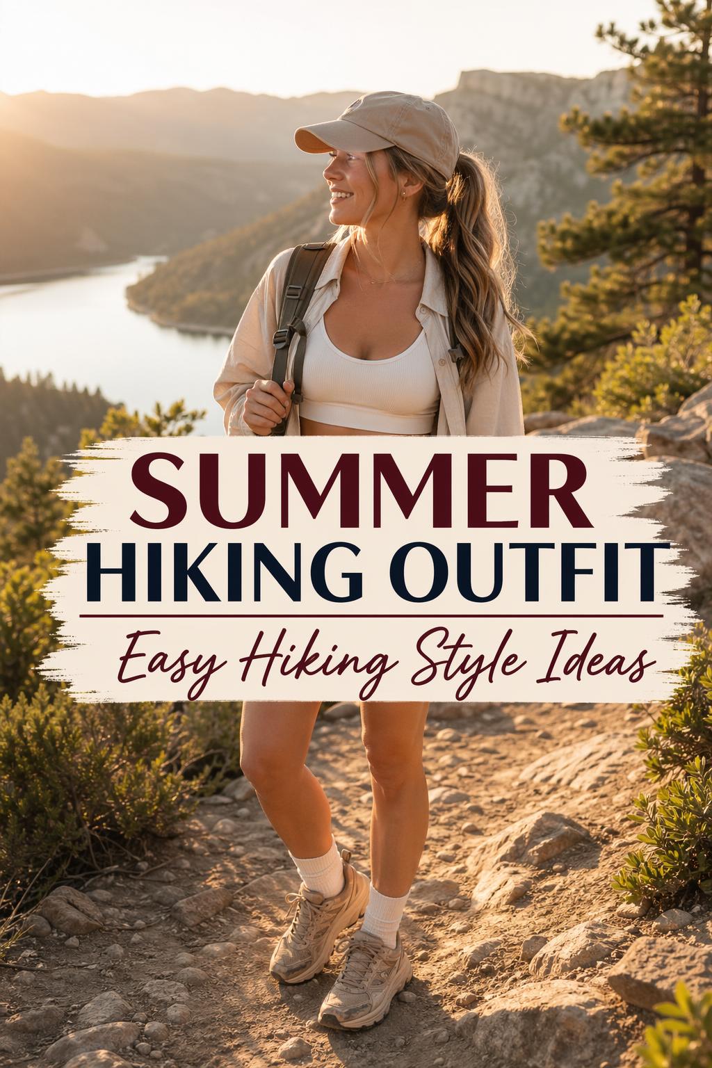 Summer hiking outfit on a woman hiking a golden hour mountain trail above a lake in a stylish neutral look