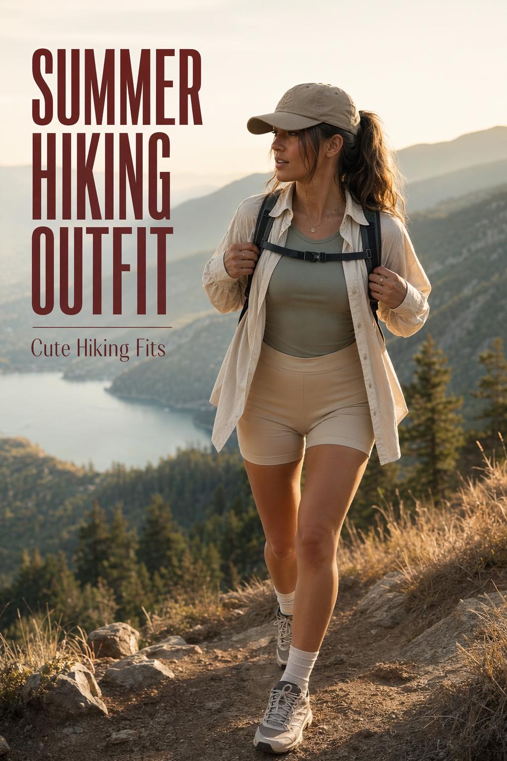 Summer hiking outfit on a stylish woman hiker walking a golden-hour mountain trail above a lake