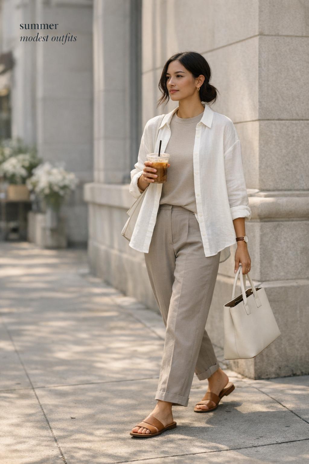 Summer modest outfits on a city sidewalk, woman in ivory linen shirt and taupe trousers holding iced coffee