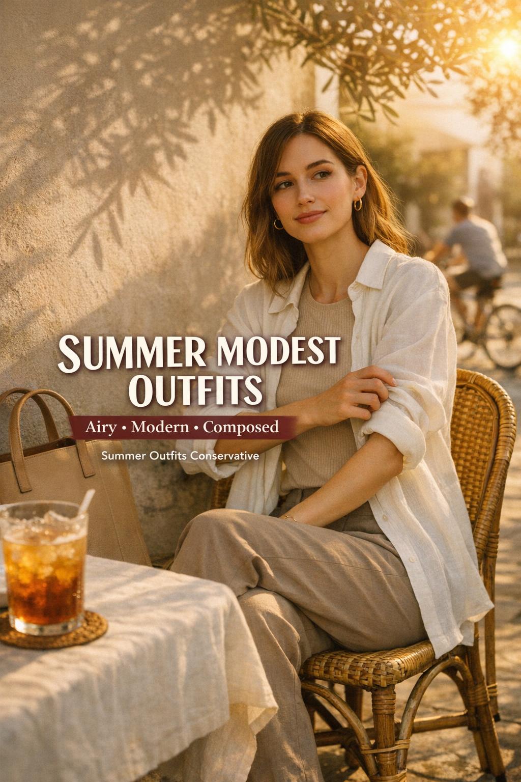 Summer modest outfits on a Mediterranean patio cafe, woman in ivory linen shirt and taupe trousers with iced drink at golden hour